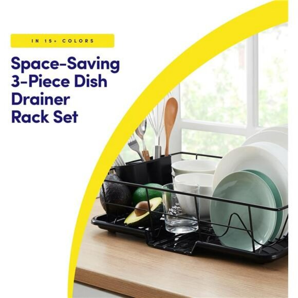 Black 3 Piece Dish Drying Rack Set with Cutlery Holder Drip Tray for Kitchen - Picture 3 of 7